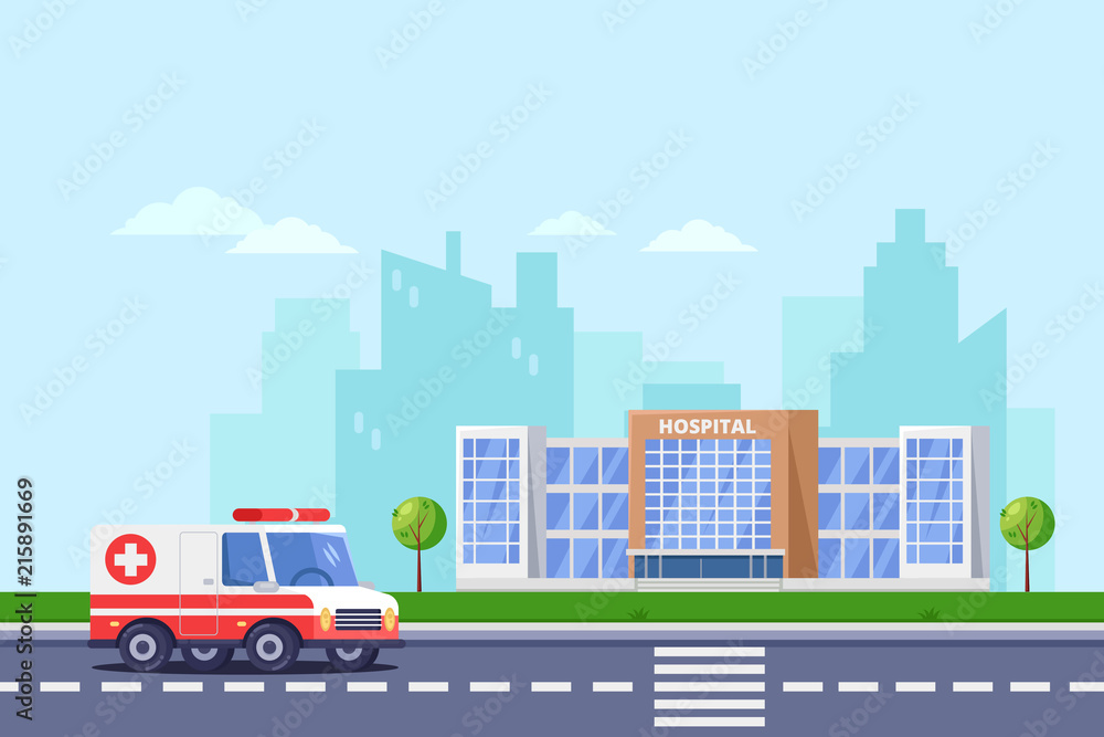 City hospital modern building, vector flat illustration. Clinic medical center, ambulance car on road.