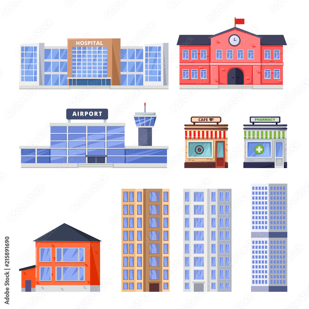 City residential, non-residential buildings, vector icons set. Municipal real estate object isolated on white background