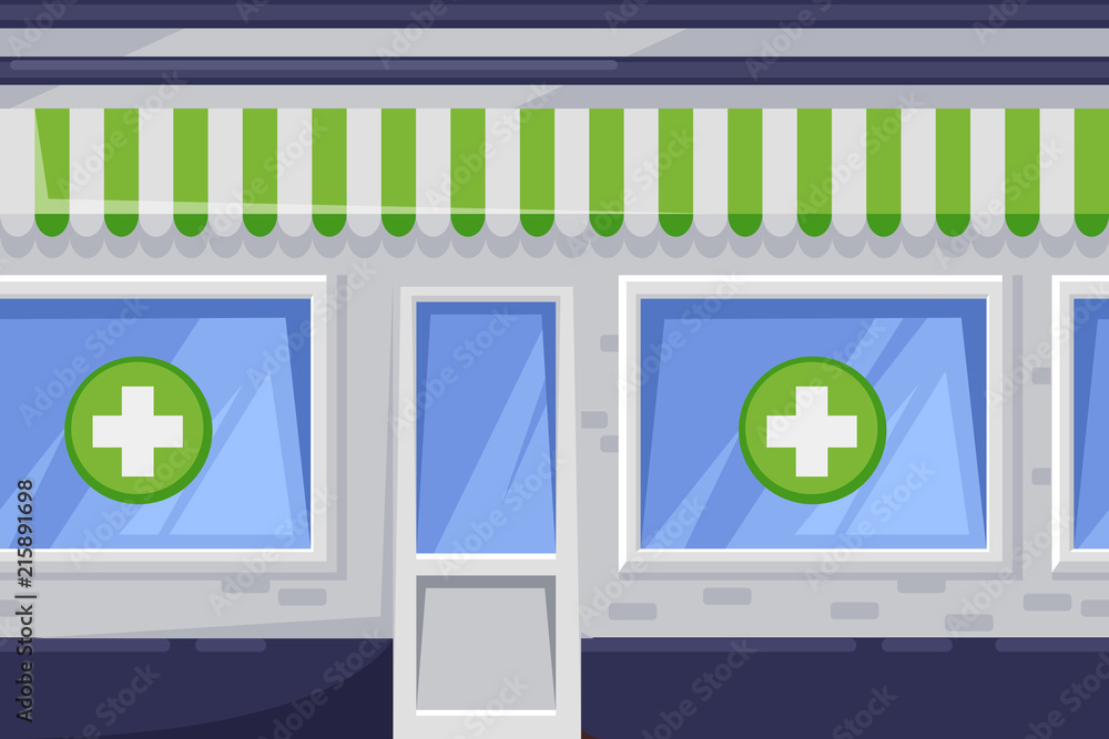 Seamless horizontal background with green pharmacy shop. Vector cartoon illustration of city drugstore building Seamless horizontal background with green pharmacy shop. Vector cartoon illustration of city drugstore building