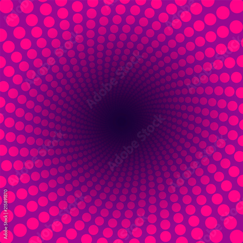 Spiral pattern of pink dots in a purple tunnel with dark center. Happy girl power illustration.