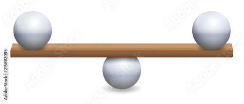 Unstable balance with three iron balls and a wooden board. Symbolic for instability, uncertainty, insecurity or a delicate balancing act. Isolated vector illustration on white background.