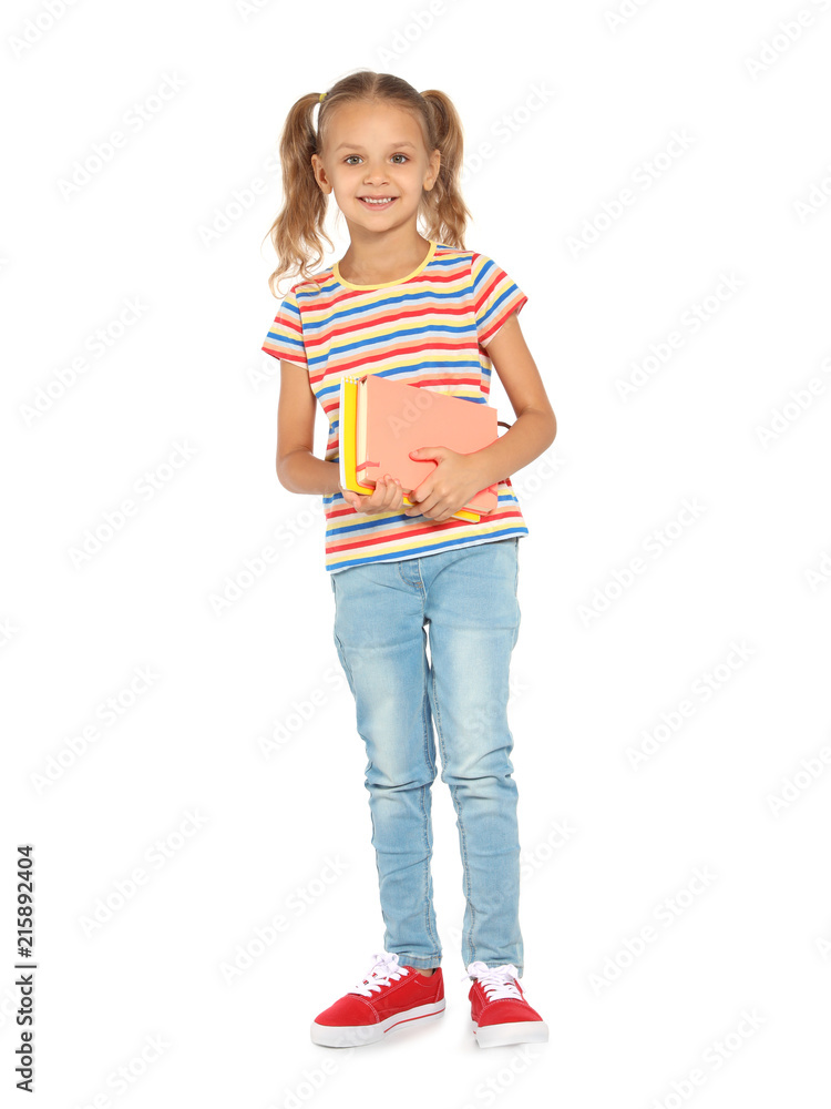Little child with school supplies on white background Little child with school supplies on white background