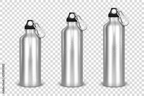 Vector realistic 3d different size - small, medium, large - silver empty glossy metal water bottle with black bung icon set closeup on transparency grid background. Design template of packaging mockup