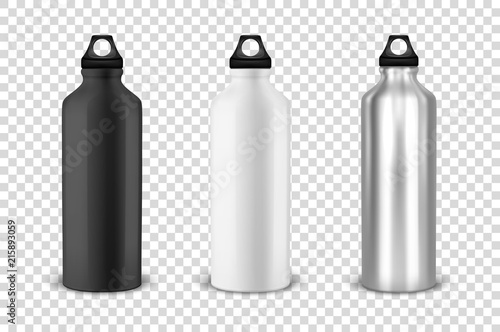 Vector realistic 3d black, white and silver empty glossy metal water bottle with black bung icon set closeup on transparency grid background. Design template of packaging mockup for graphics. Front