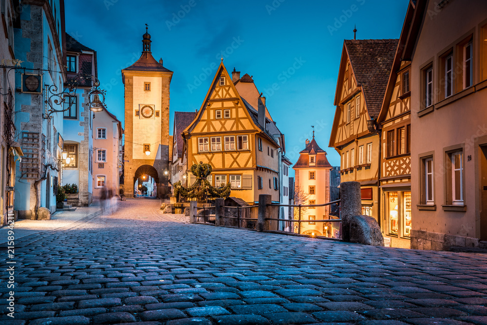 Rothenburg ob der Tauber at twilight, Bavaria, Germany