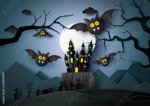  Happy Halloween with bats flying in the darknight.