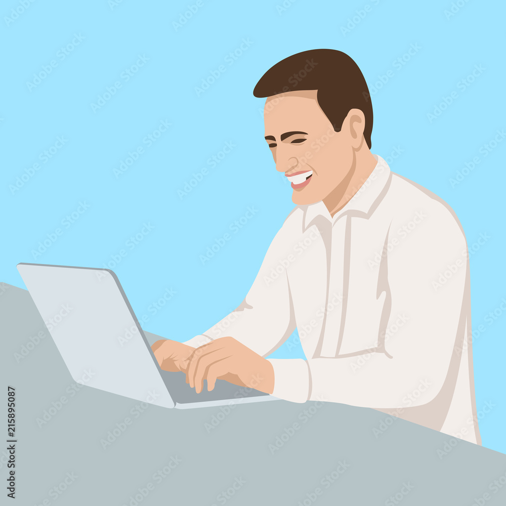 The man smiles at the laptop vector illustration flat The man smiles at the laptop vector illustration flat