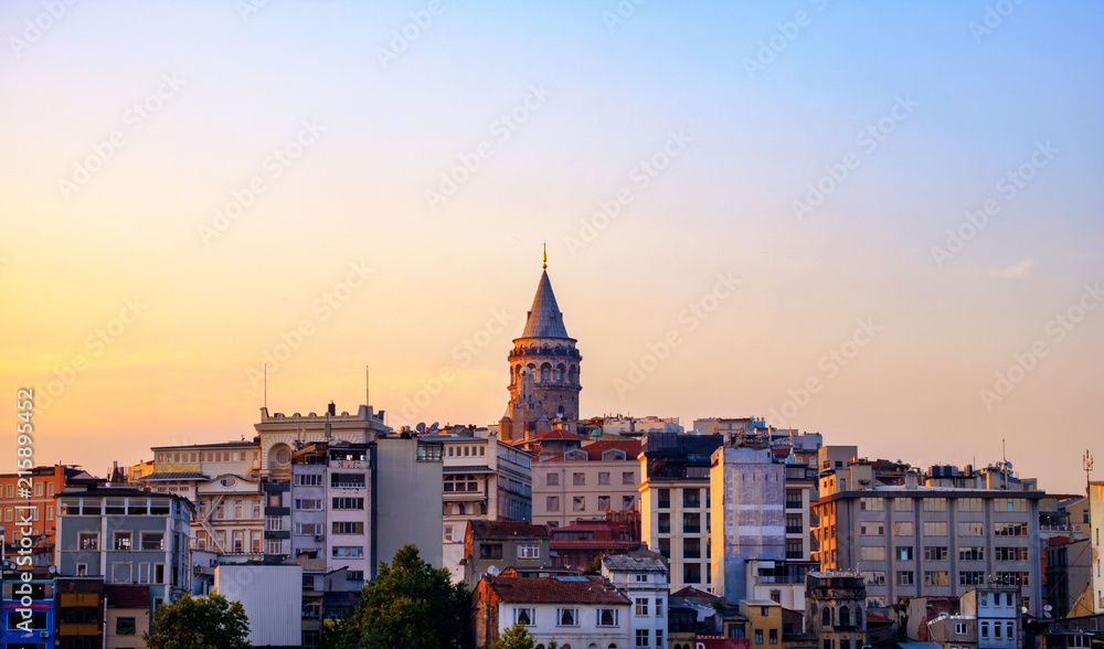 Sunset in Istanbul, Turkey. View of the Galata Tower