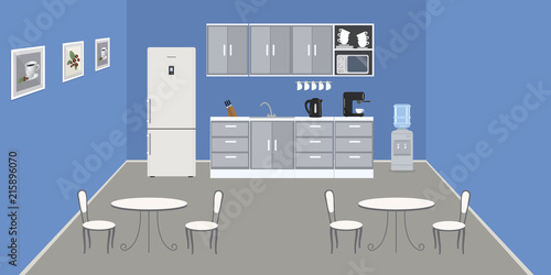 Modern  office kitchen in a blue color. Dining room in the office. There is a fridge  tables  chairs  a microwave  a kettle and a water cooler in the image. There are pictures on the wall. Vector