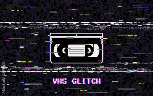 Glitch video cassette. Abstract white horizontal distortions. VHS concept. Glitched lines noise. Retro background. 80s and 90s design. Vector illustration
