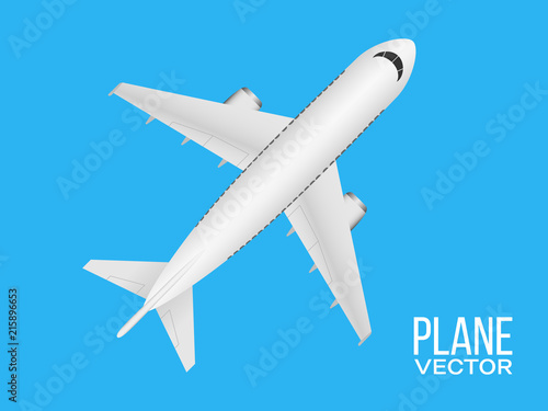 Plane top view on blue background. Realistic airplane concept. White airliner for brochure, presentation, web. Vector illustration
