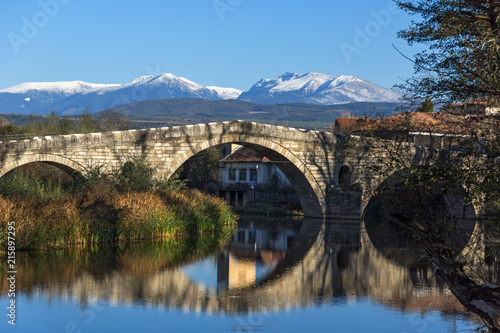 Autumn view of Kadin most - a 15th-century stone arch bridge over the Struma River at Nevestino, Kyustendil Province, Bulgaria