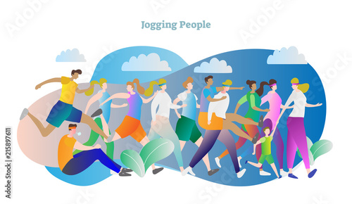 Jogging people vector illustration. Outside fitness sport activity with man, woman, girl, boy and trainer. Crowd group running in good shape and healthy lifestyle.