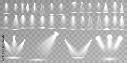 Scene illumination different shapes and projections collection, transparent special effects. Bright lighting with spotlights.