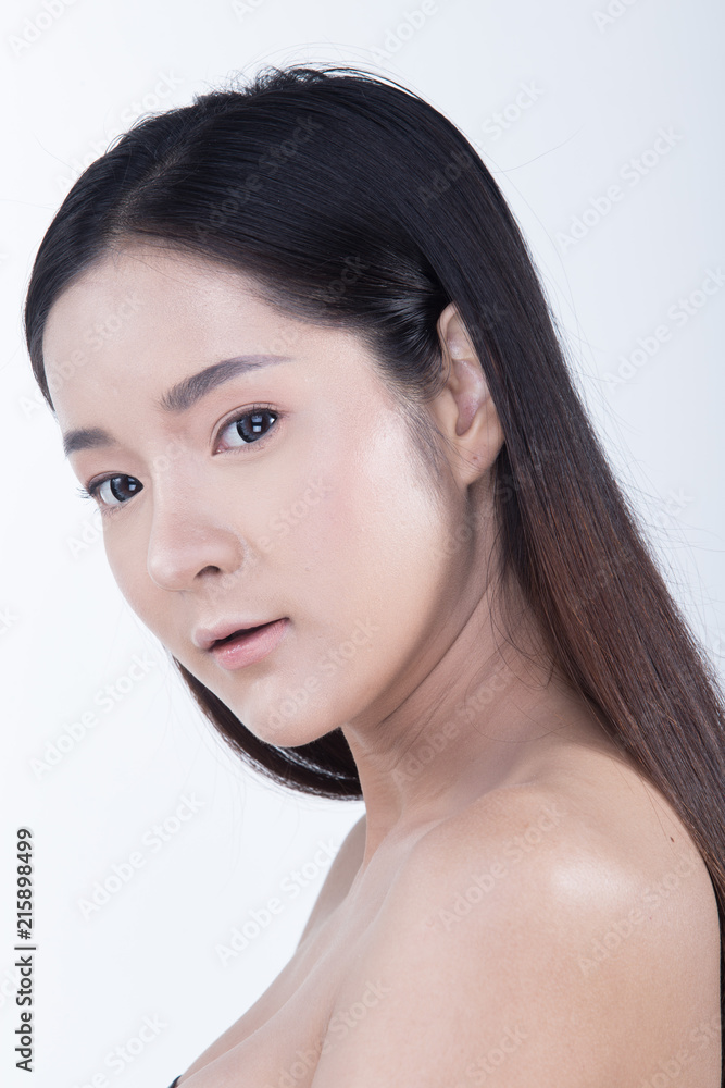 Clean Skin Woman straight black hair with Smooth pose open shoulder smile Clean Skin Woman straight black hair with Smooth pose open shoulder smile