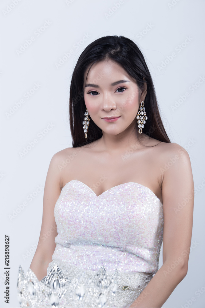Evening Gown Ball Dress in Asian beautiful woman with fashion make up black hair, High Heel shoes Evening Gown Ball Dress in Asian beautiful woman with fashion make up black hair, High Heel shoes
