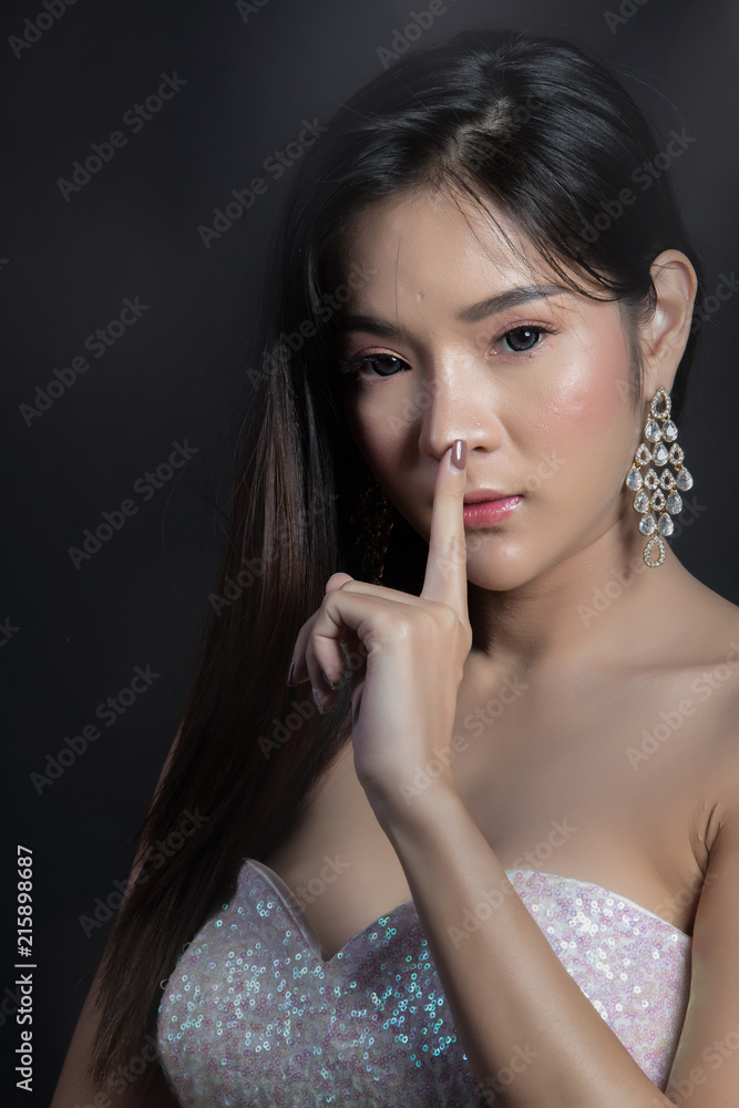 Evening Gown Ball Dress in Asian beautiful woman with fashion make up black hair, High Heel shoes Evening Gown Ball Dress in Asian beautiful woman with fashion make up black hair, High Heel shoes