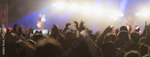 Sillhouettes of concert crowd in front of bright stage lights
