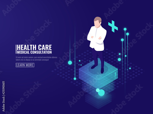 Smart technology in healthcare, doctor stay on platform, online medical consultation isometric vector dark