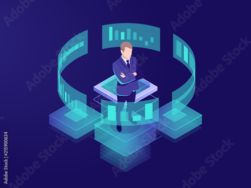 Man look graphic chart, business analytics concept, big data processing icon, virtual reality interface, server room admin administrator, isometric illustration vector neon