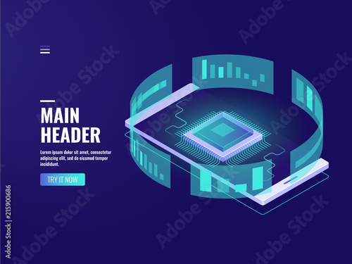 Smart data processing, business helper, automated reporting process, calculation power, datacenter, mobile phone with diagram and chart icon isometric vector dark