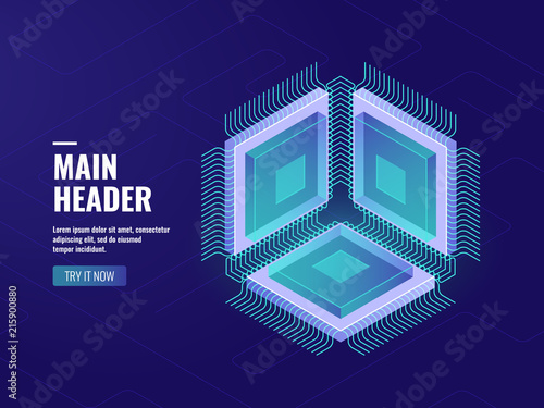 Microelectronic computer chip icon, data computing process, server room, cloud storage, database, digital technology of future, isometric illustration vector neon