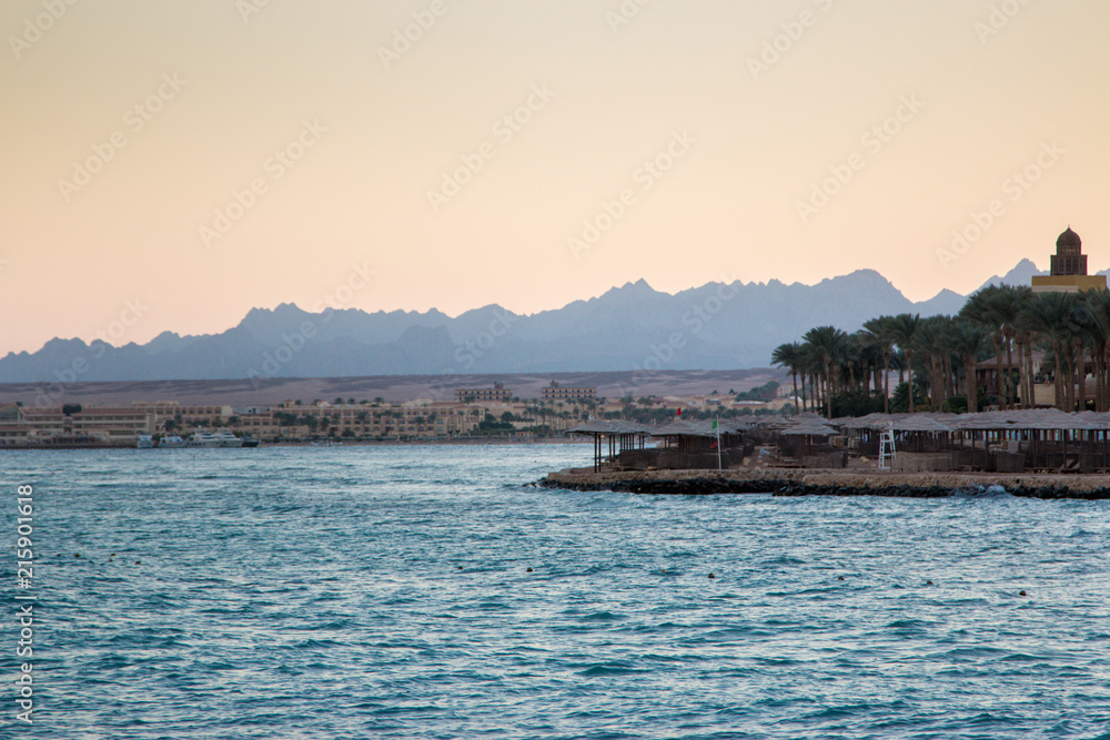 Beach of the red sea, waves, pier