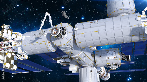 Astronauts working on space station, cosmonauts floating outside of spacecraft airlock, 3D rendering