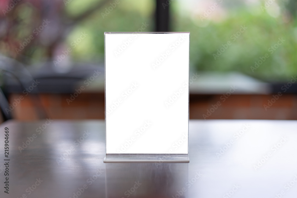 Stand Mock up Menu frame tent card blurred background design key visual layout.