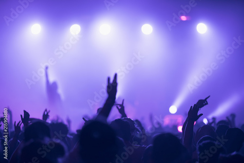 Sillhouettes of concert crowd in front of bright stage lights photo