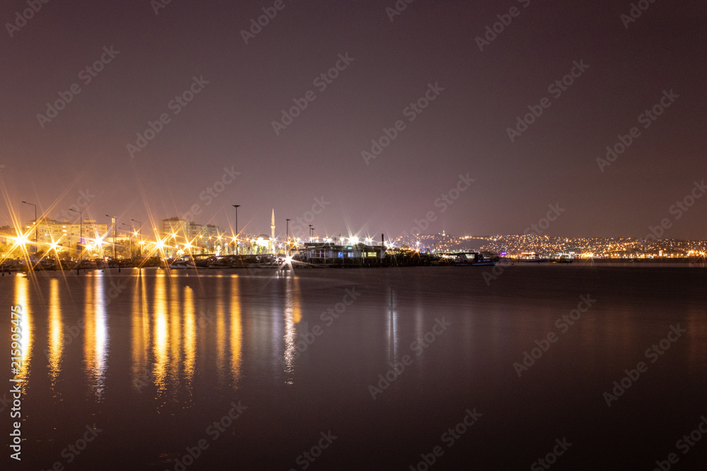 a nightscape shoot from a bay and fancy city lights