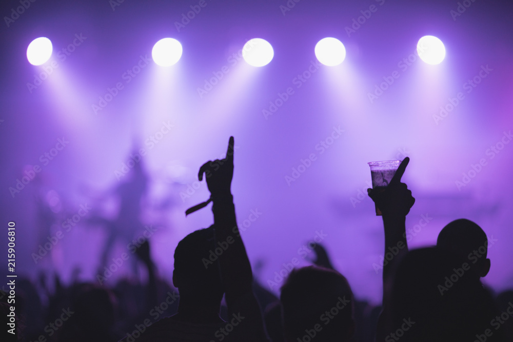 Sillhouettes of concert crowd in front of bright stage lights Sillhouettes of concert crowd in front of bright stage lights