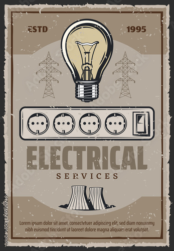 Electric socket and lightbulb vector retro poster
