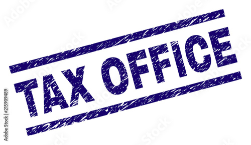 TAX OFFICE seal print with grunge style. Blue vector rubber print of TAX OFFICE text with scratched texture. Text label is placed between parallel lines.