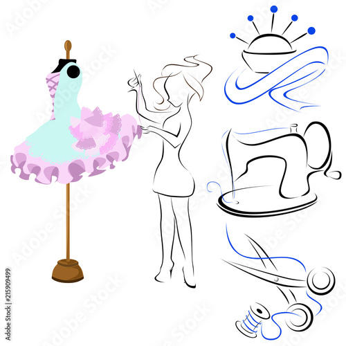 silhouettes for Atelier clothing repair scissors, a sewing machine, the needle bar, the girl seamstress a dummy with a dress, vector
