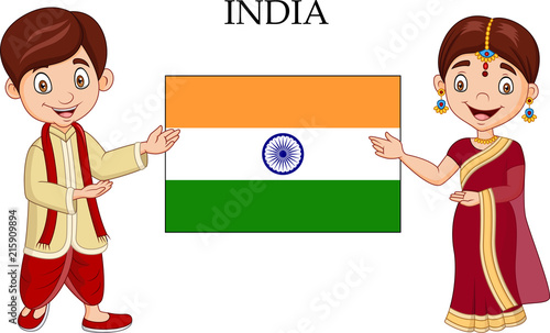 Cartoon Indian couple wearing traditional costume
