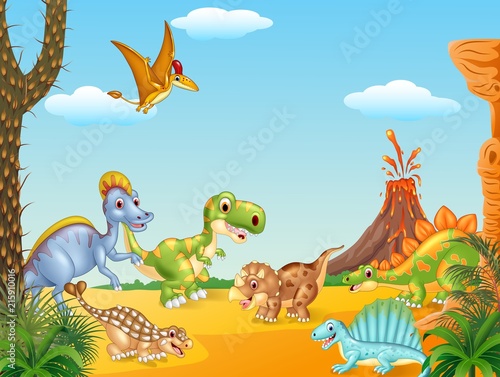 Cartoon happy dinosaurs with volcano
