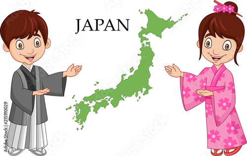 Cartoon Japanese couple wearing traditional costume