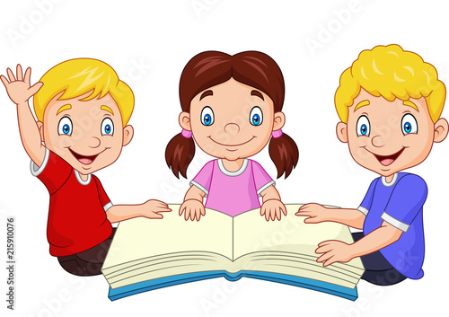 Cartoon happy kids reading a book