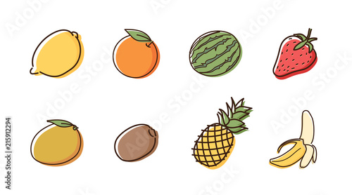 Set of 8 fruit doodles with watercolor style. Vector hand drawn icon illustrations