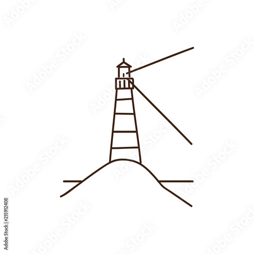 Vector doodle illustration of a lighthouse in the beach flashing its light signaling land to the sea. Hand drawn icon.