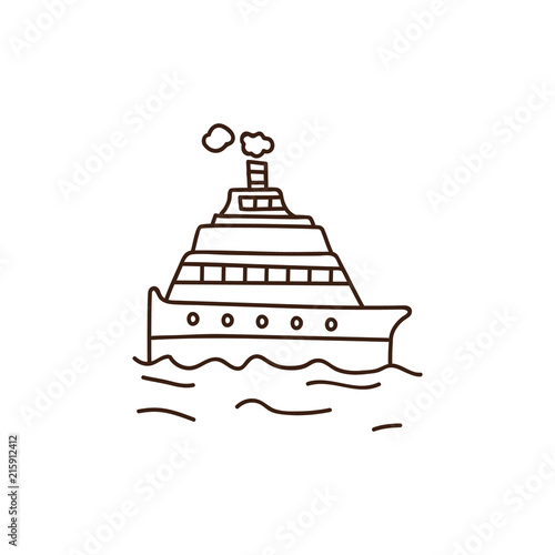Vector cruise doodle illustration. Hand drawn vacation boat. Outline retro cartoon style.