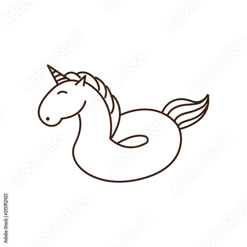 Inflatable swimming pool ring object with Unicorn shape. Tropical summer magical fairytale horse buoy for vacations and water activities in swimming pool. Vector doodle icon.