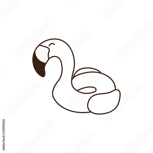 Inflatable swimming pool ring object with flamingo shape. Tropical summer bird buoy for vacations and water activities in swimming pool. Rubber object isolated. Vector doodle hand drawn illustration.