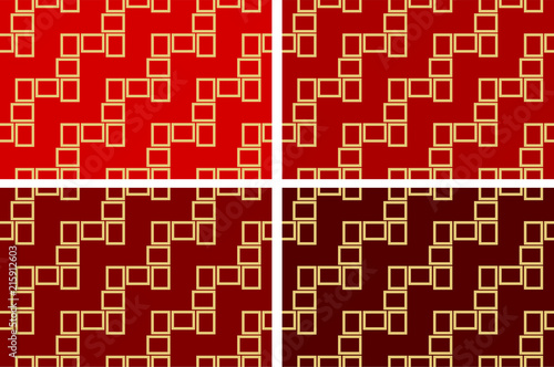 Abstract set of four seamless pattern textures of golden rectangular frames over red shades background template Vector illustration