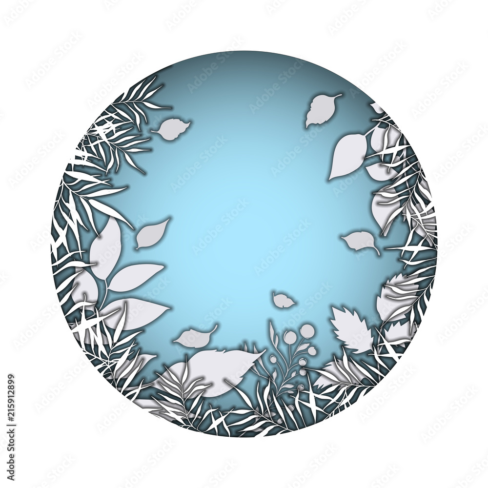 3D paper. Round frame cut from paper. Wedding floral invite, invtation card design. green leaves, greenery fern 3D paper. Round frame cut from paper. Wedding floral invite, invtation card design. green leaves, greenery fern