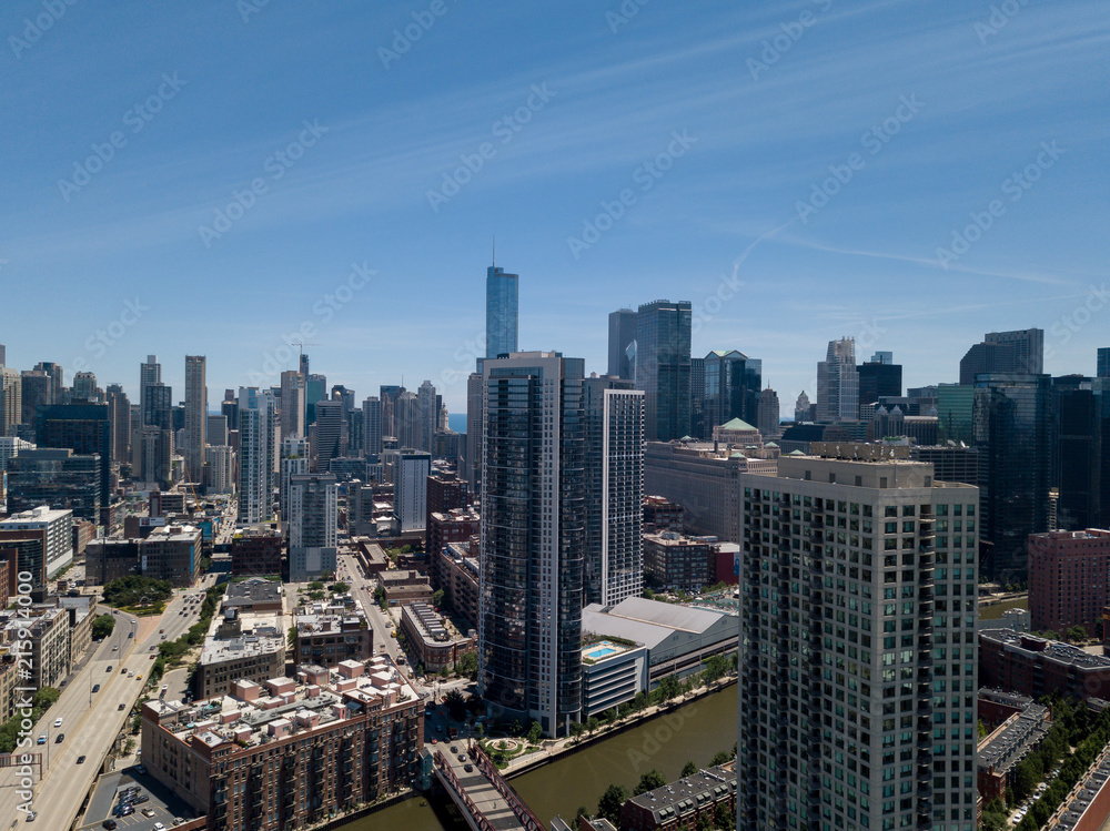 Chicago skyline on a blue sunny day - afternoon