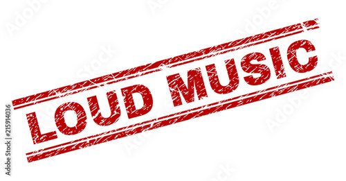LOUD MUSIC seal stamp with corroded texture. Red vector rubber print of LOUD MUSIC text with unclean texture. Text tag is placed between double parallel lines.