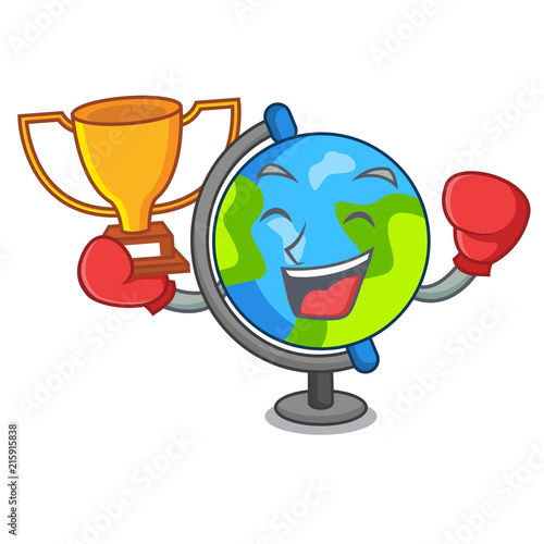 Boxing winner globe mascot cartoon style