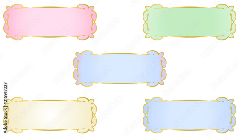 Collection set of five abstract colour vector web banners with Golden metallic border
